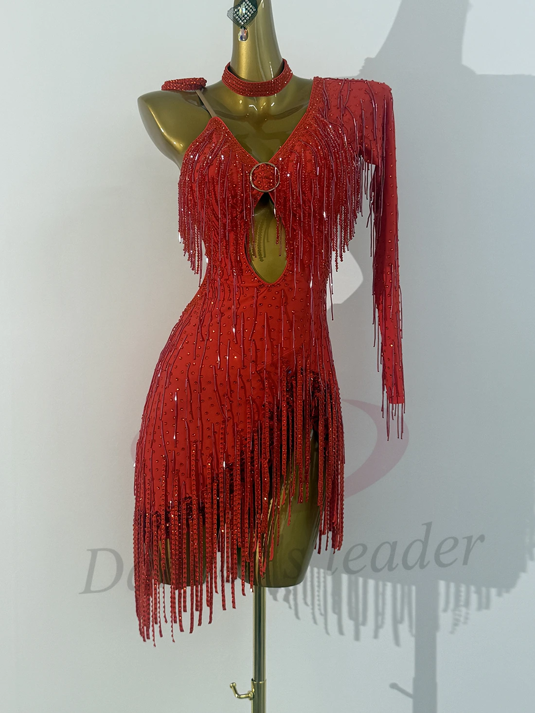 Tancerz latynoamerykański, dorosły, dziecięcy, ekskluzywna, szyta na miarę czerwona sukienka z koralikami, diamentowy bar, frędzle, tango, samba, sukienka sceniczna z kamieniami AB