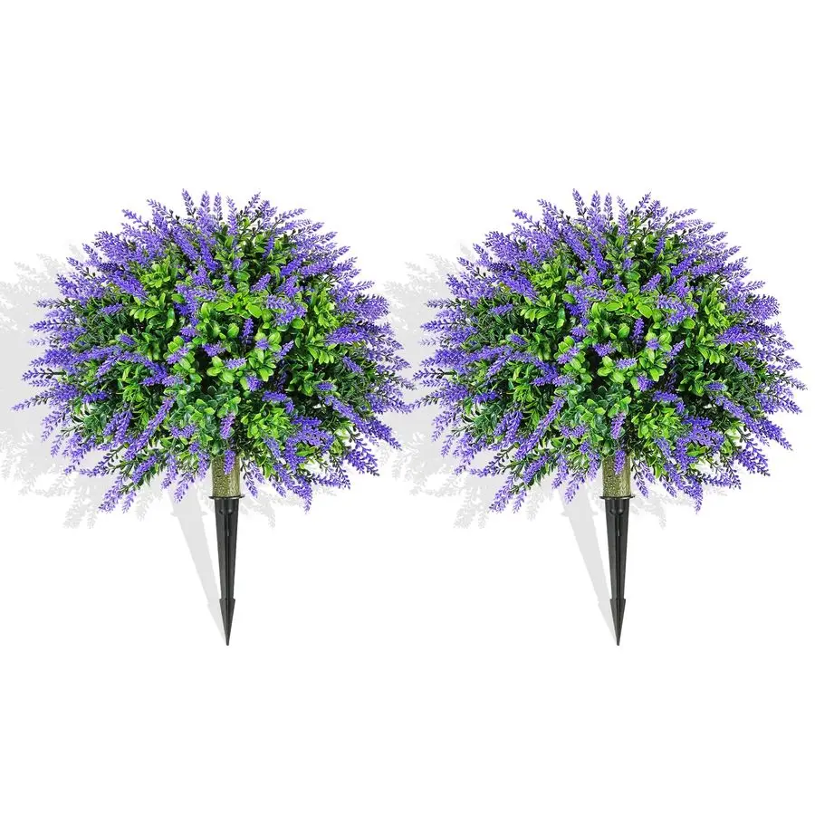 

Artificial Lavender Topiary Ball Trees with Ground Spike, 2 Pack 15.7 UV Resistant Artificial Shrubs, Fake Evergreen Artificial
