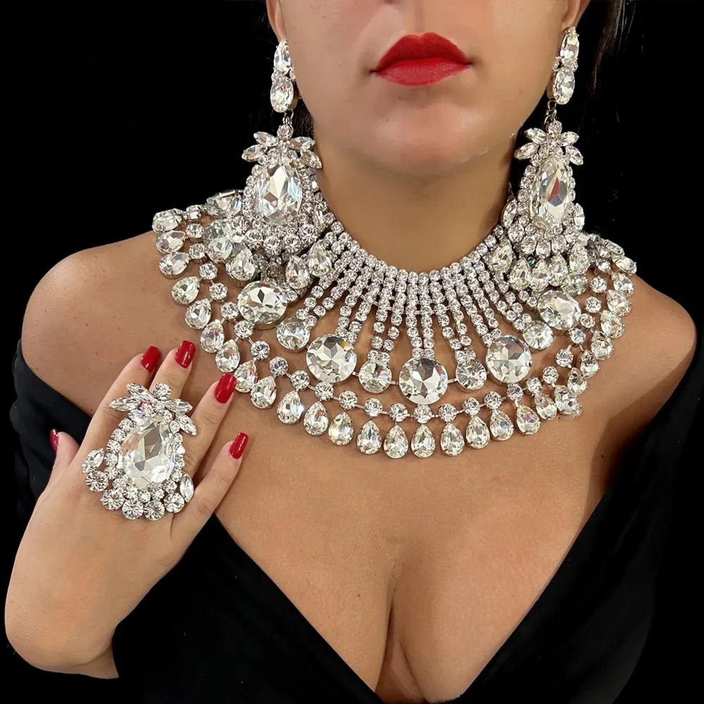 1 Set Extravagante Luxus-Strass-Halskette für Damen, Schmuck für Abschlussball, Hochzeit, Braut, geometrischer Kristallkragen, Accessoires – Detail 1
