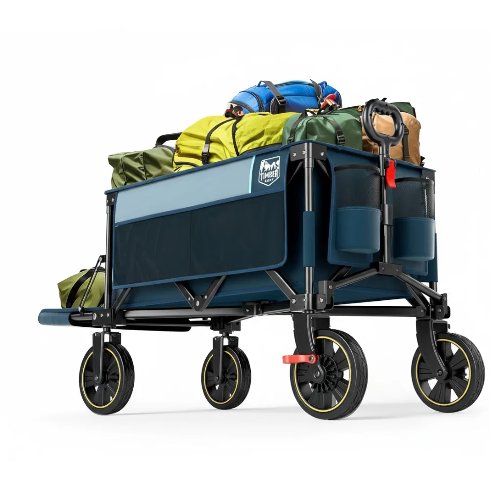 

49" Extra Long Folding Wagon with Brakes, 300lbs Heavy Duty Cart for Outdoor Camping Sports