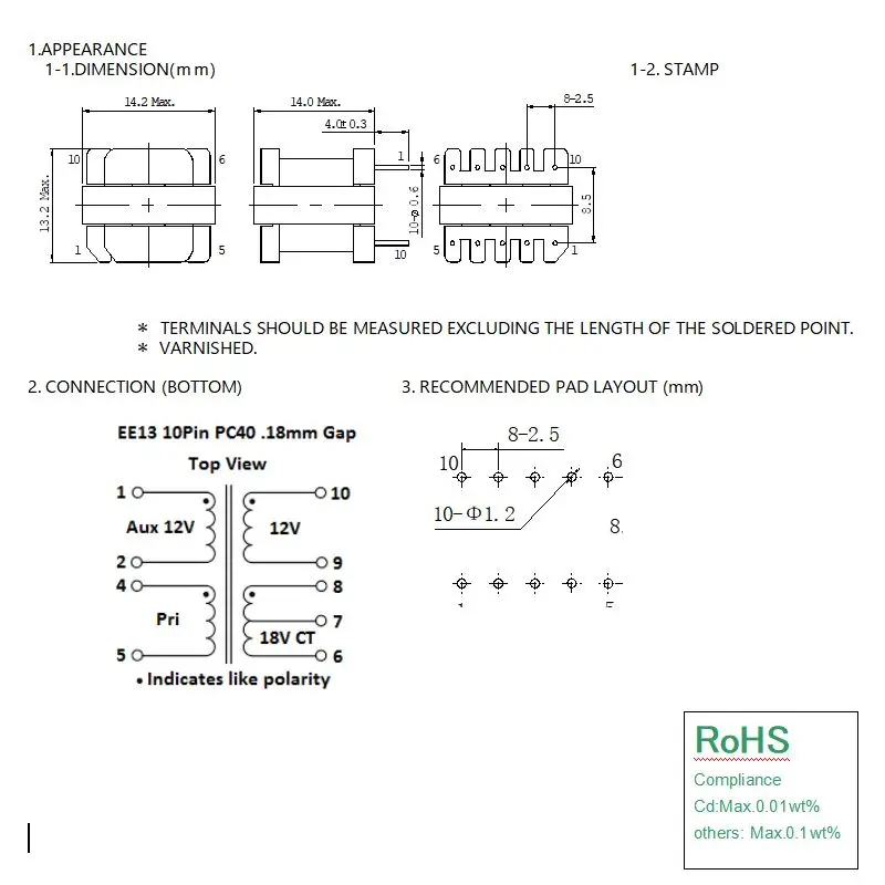 EE13 5+5 Vertical HF SMPS Ferrite Core Custom Transformer