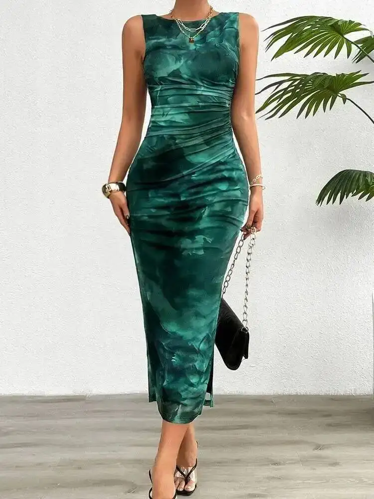 Women's 2025 Spring Summer New Fashionable Printed Round Neck Style Slimming Sleeveless Tight Dress With Split Bottom W9K8