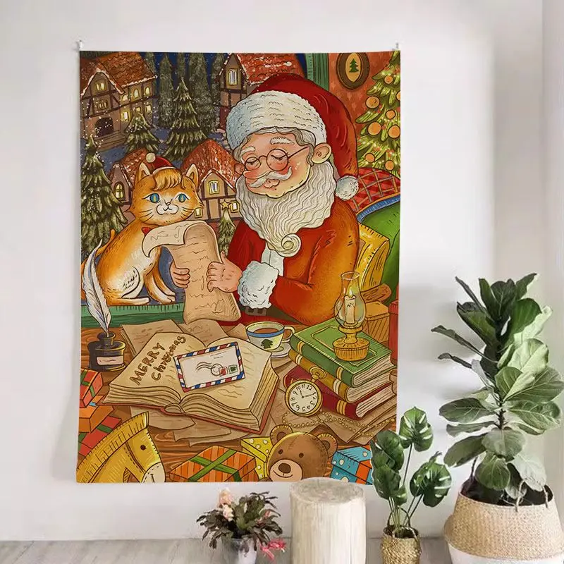 VIKAMA Vintage Christmas Santa with Cat Wall Hanging, Cozy Snowy Town Print for Bedroom, Large Holiday Wall Art Decor