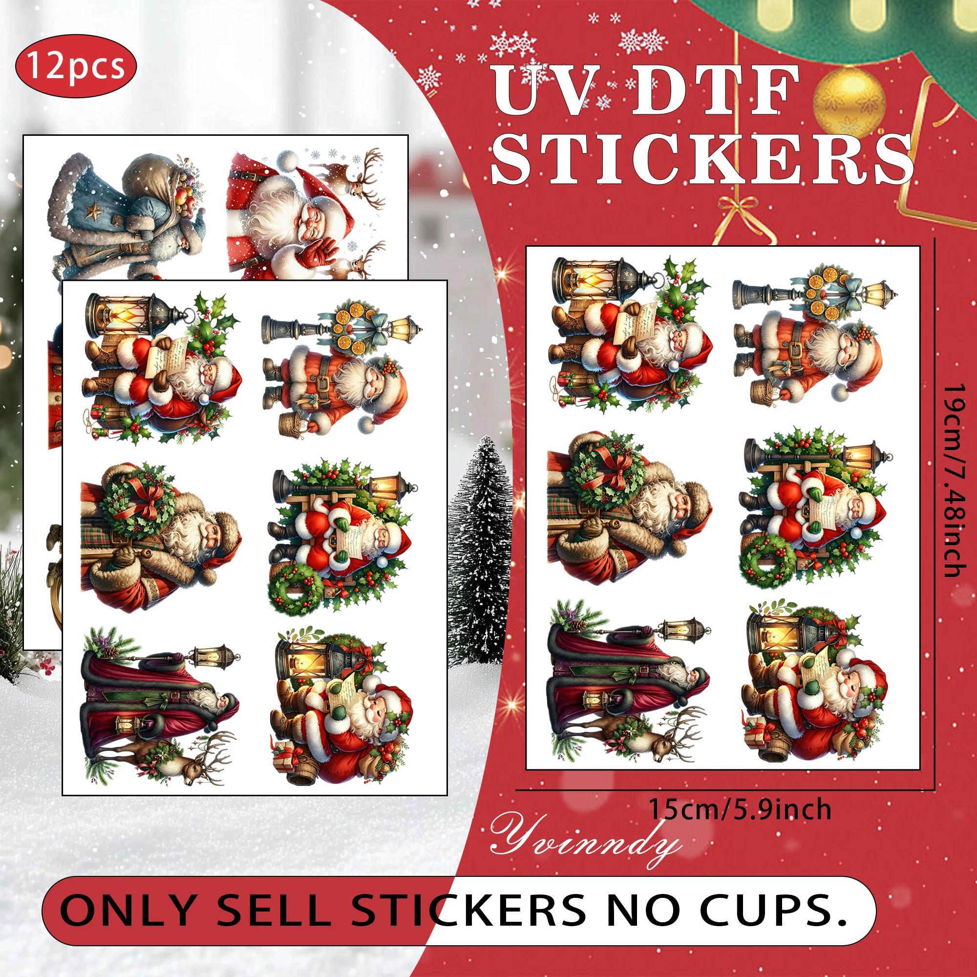 12Pcs/Set Vintage Watercolor Santa Claus Glass Jar Packaging Stickers UV DTF High Self Adhesive Transfer Paper