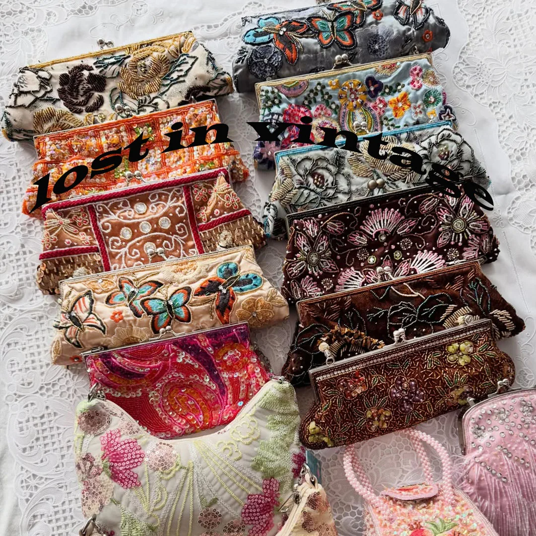 Lost in Vintage Hand-embroidered Glitter Beading Leaf Floral Evening Bag Kiss Lock Frame Sparking Sequins Chain Prom Handbag