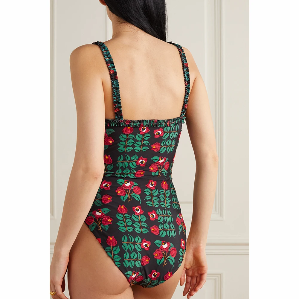 2023 Fashion Women\'s Swimsuit Square Neck Green Vintage Printed Swimwear Backless Monokini Set  Floral Green Beach Dress