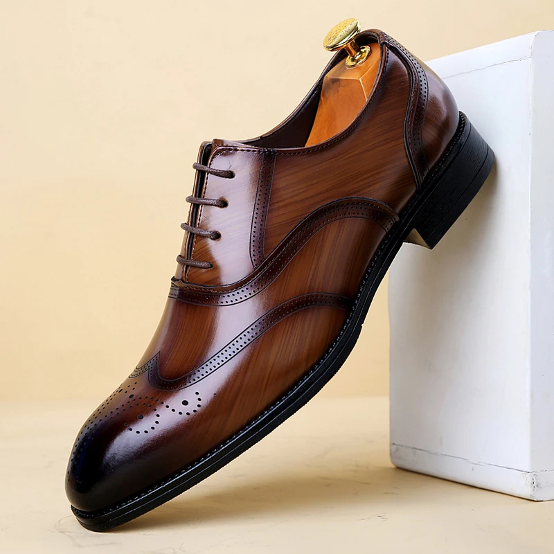 Luxury Brand Men\'s Glossy Leather Shoes Classic Brogue Shoes Lace Up Men\'s Office High-quality Business Shoes Big Size:38-48
