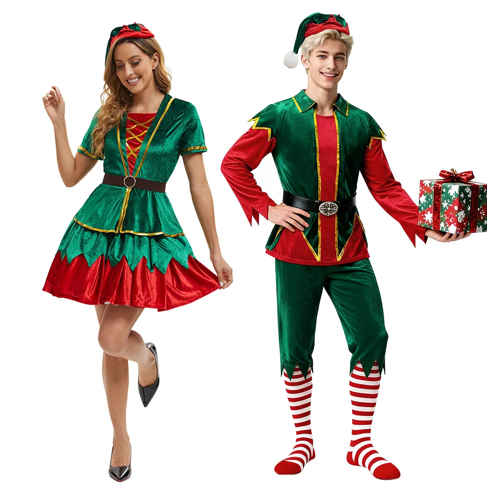 

2025 Popular Christmas Clothing Green Christmas Dress Men and Women Adult Couples Stage Performance Clothing