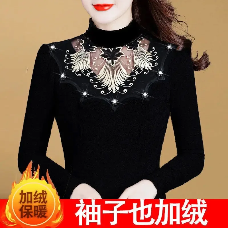 

Женская кружевная рубашка с длинным рукавом и круглым вырезом, размеры xxxl