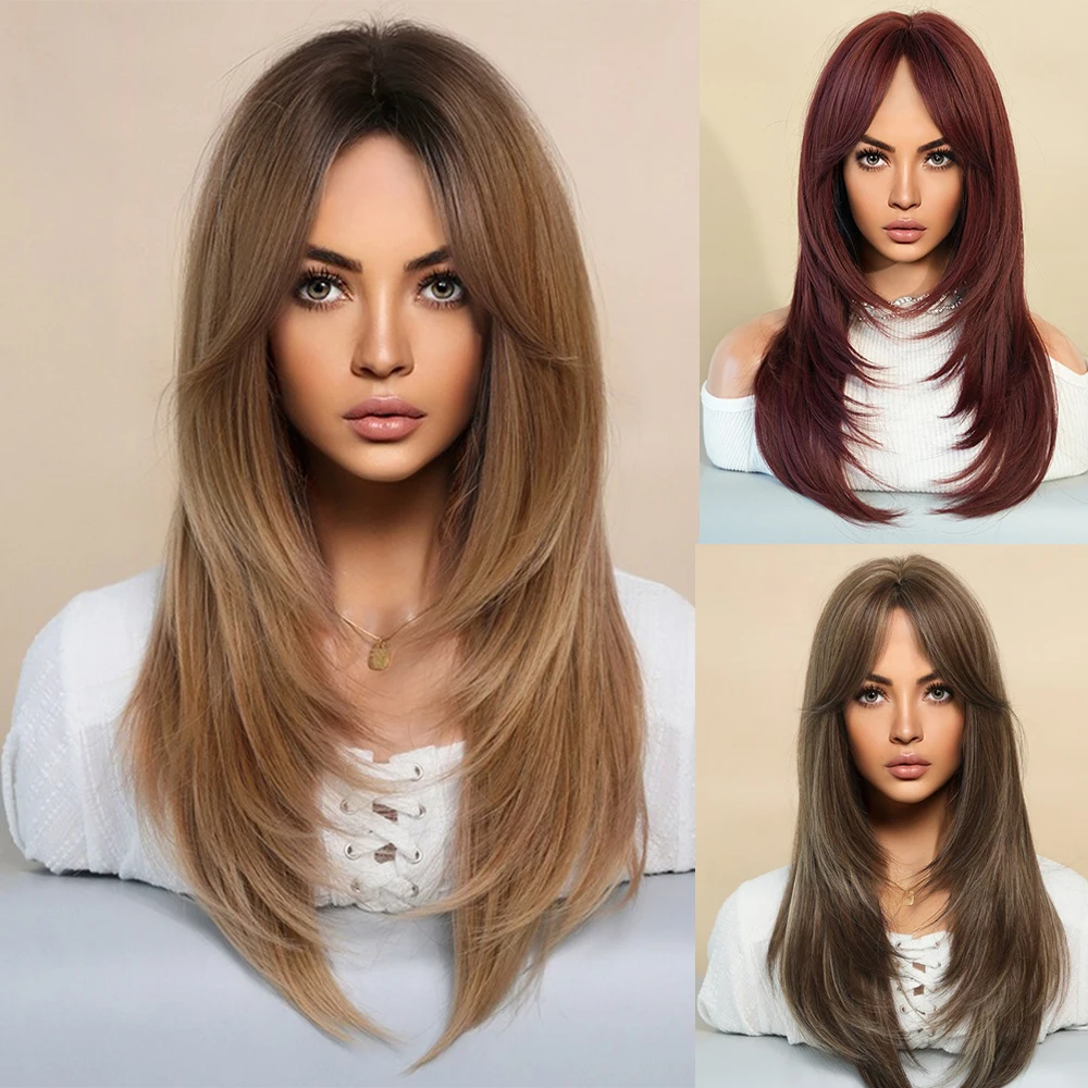 

brownish blacki Long straight synthetic wig gradient color wig for Women Cosplay Natural Hair Heat Resistant Fibe Wig