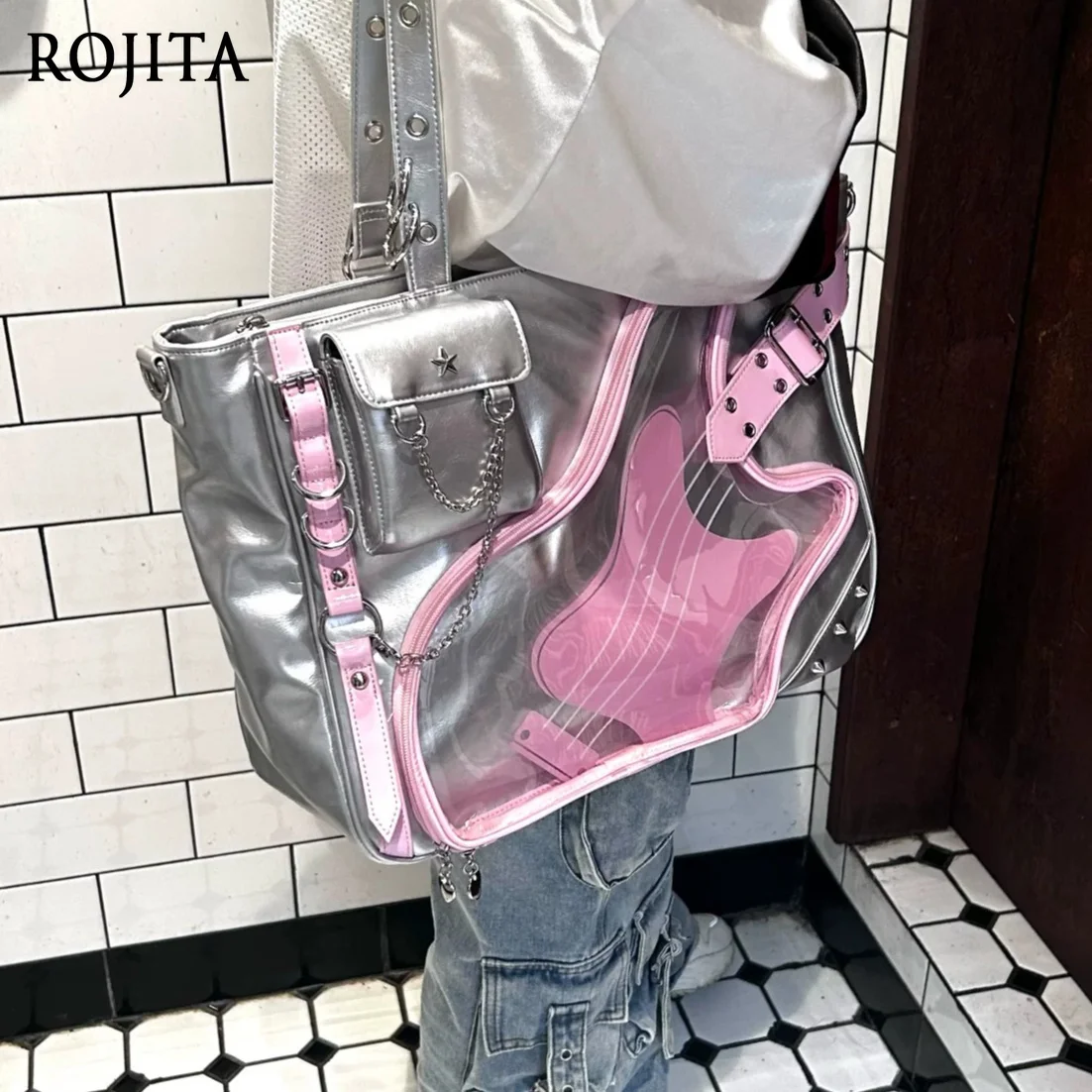 Y2K Punk Rock Guitar Shape Clear Window Ita Bag Large Capacity Tote Handbag Light Blue PU Guitar Cutout PVC Ita Tote Bag