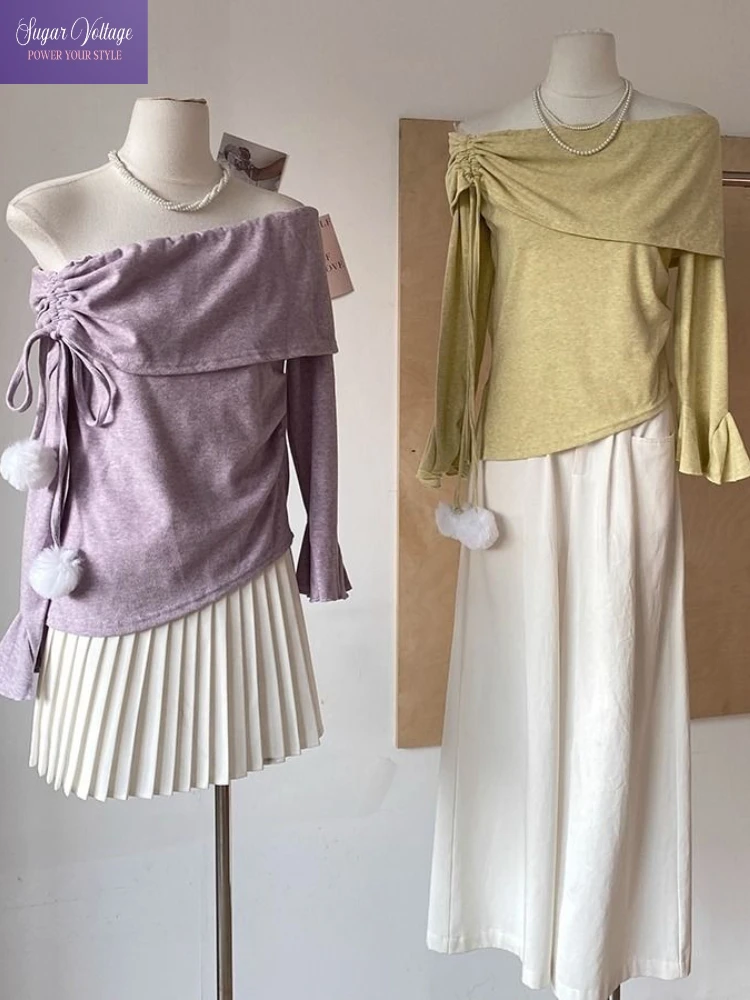 

Французский милый вязаный мягкий свитер с открытыми плечами, женские топы на шнуровке с разрезом на шее и расклешенными рукавами, весенне-осенние повседневные романтические топы