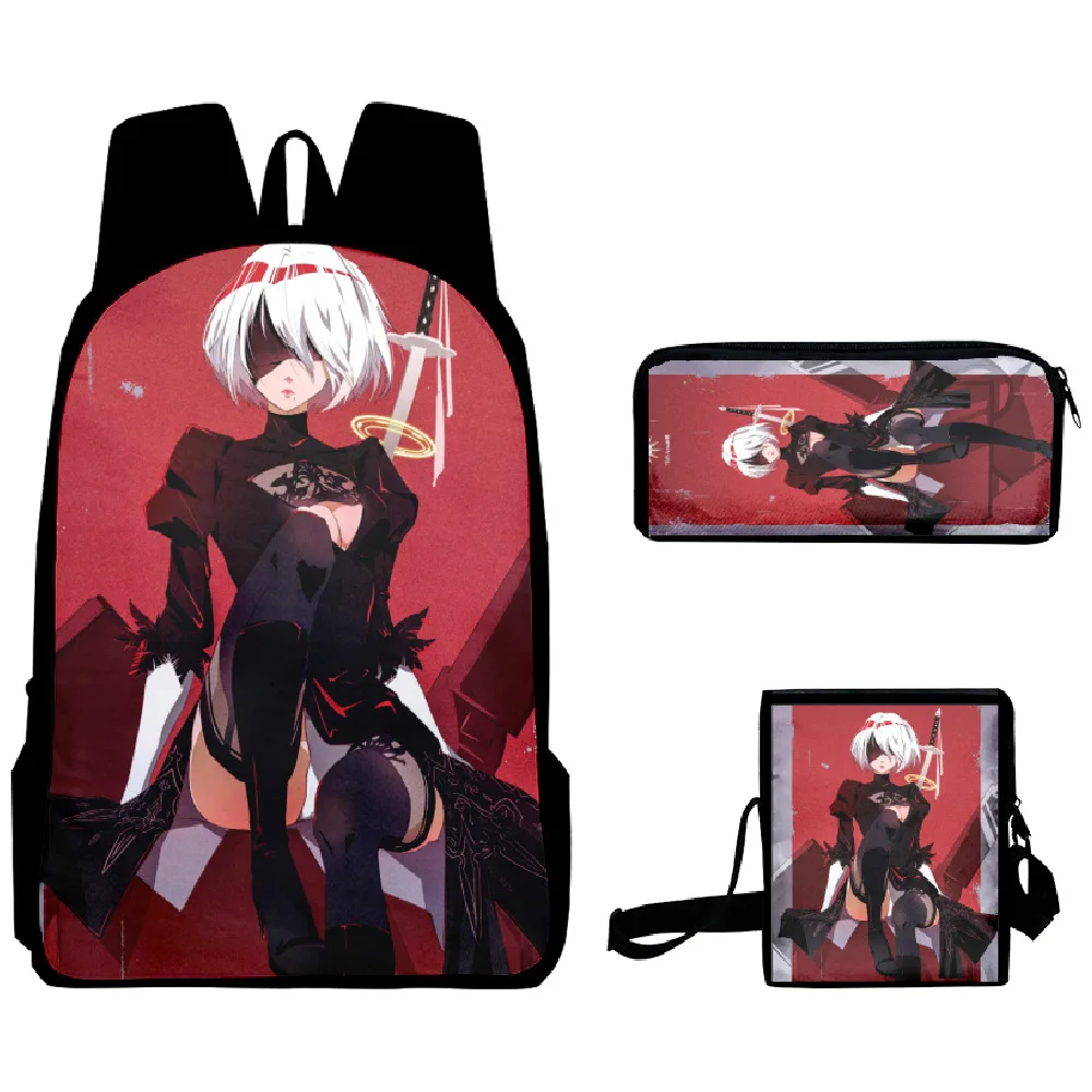 NieR Automata 3D Print Mochila, mochila escolar do aluno, mochila, bolsa de ombro inclinado, estojo, popular, na moda, 3 peças por conjunto