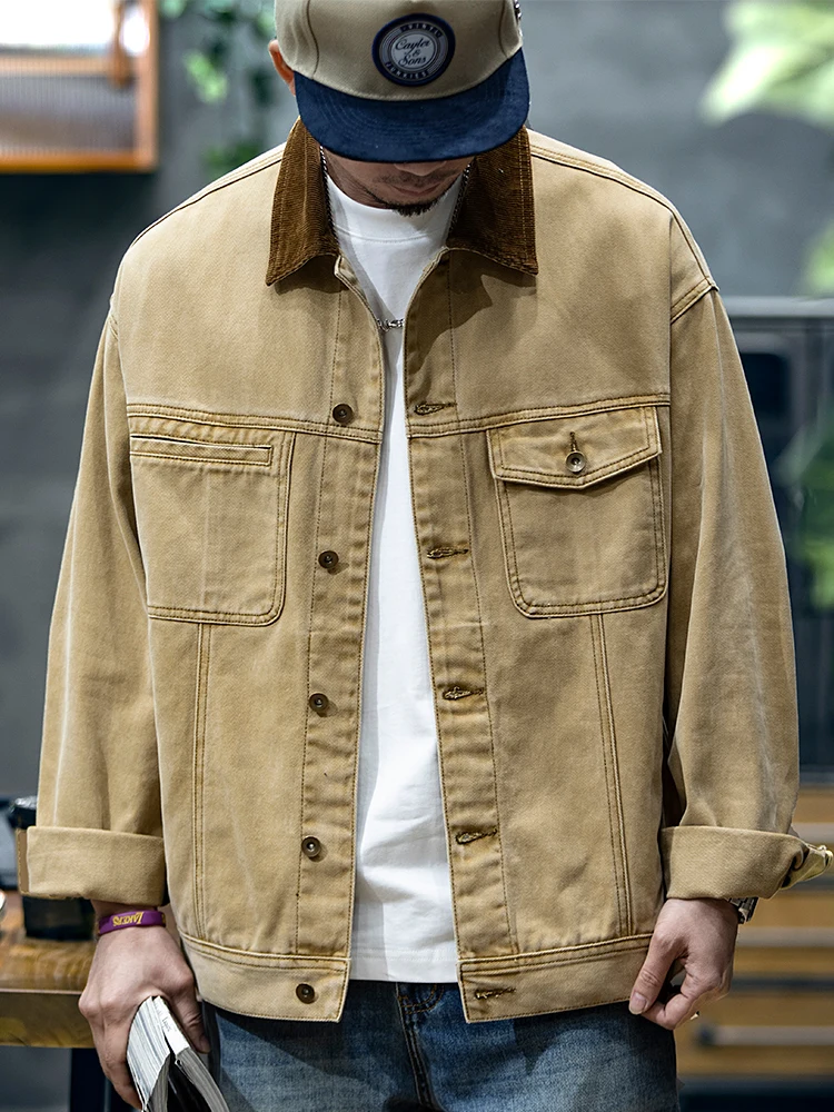 American Style Loose Fit Men's Denim Jacket Spring Autumn Casual Shirt Large Size Workwear Jacket with Pockets Cotton Material