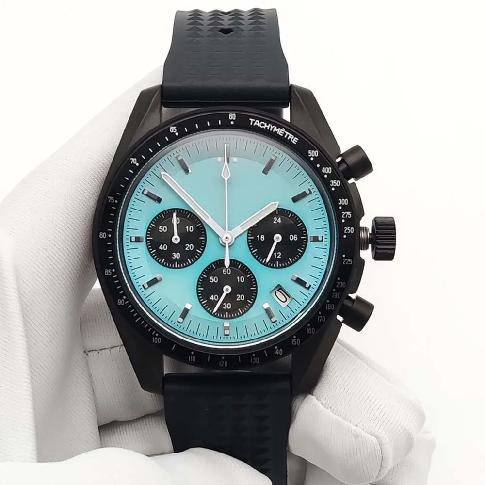 ساعة رياضية كوارتز سوداء 40 ملم للرجال VK63، هيكل مقاوم للماء من الفولاذ المقاوم للصدأ، حزام مطاطي مريح، زجاج الياقوت