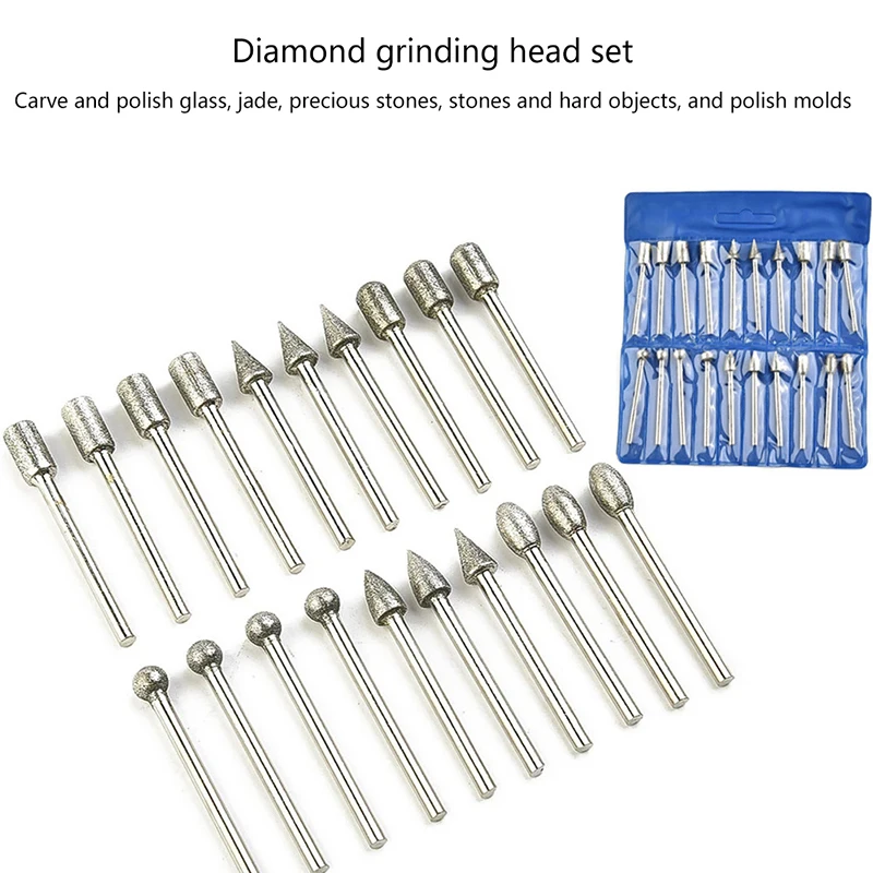 

20pcs Diamond Drill Grinding Bit Set Mini Drill Burrs Bit Set For Rotary Tool Grinding Accessories 3mm Shank