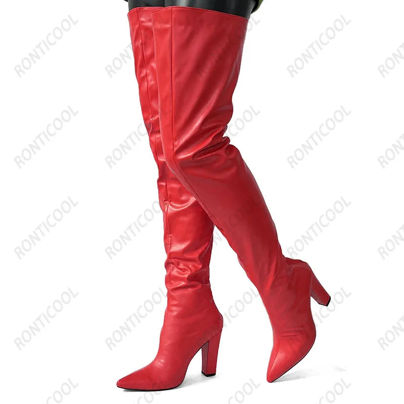 Ronticool Handmade Women Winter Thigh Boots Faux Leather Chunky Heels Pointed Toe Orange Club Shoes Us Plus Size 5-15 image 6