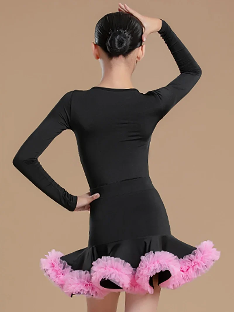 Vêtements de danse latine pour enfants filles, body à manches longues et grandes jupes en mousseline de soie, vêtements de danse pour spectacle sur scène, Costume Chacha Rumba