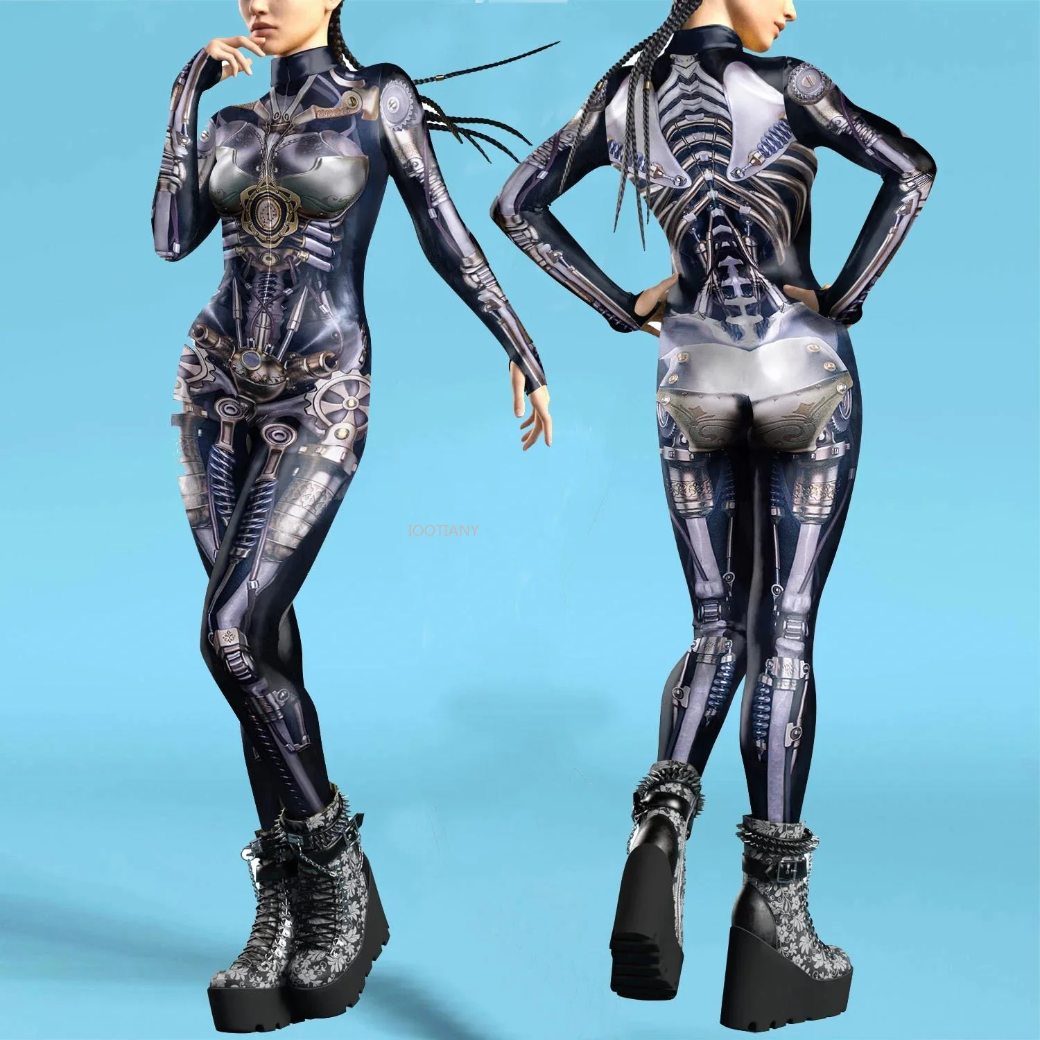 IOOTIany-bodysuit punk para mulheres, equipamento mecânico, macacão Zentai, zíper frontal, catsuit festival de Halloween, roupa com mangas sagradas