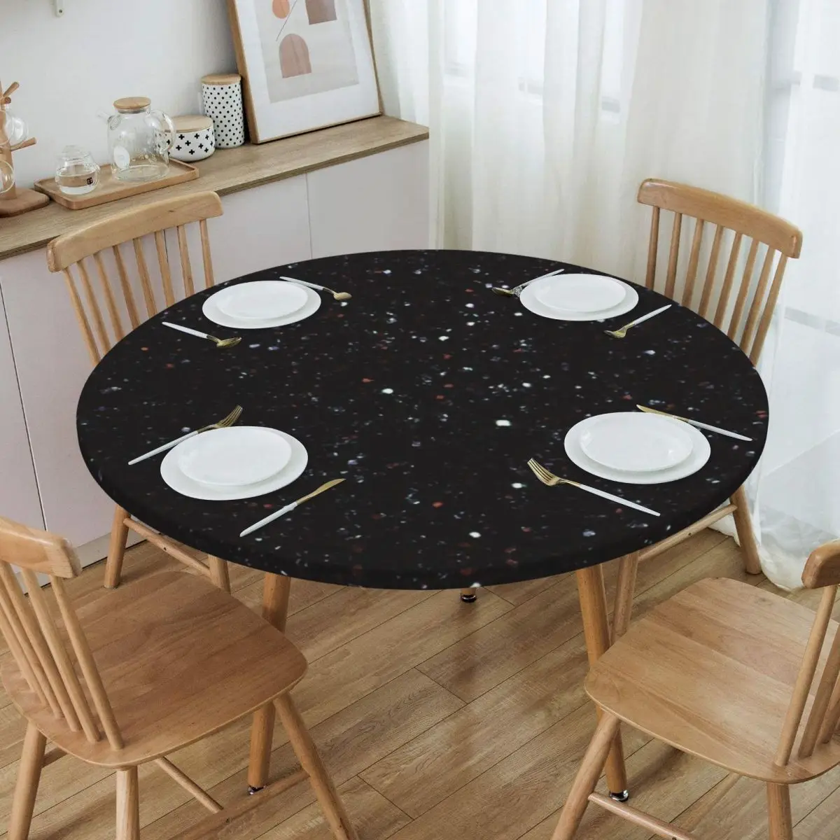 Round Black Sparkle Diamond Table Cover Elastic Fitted Bling Crystal Rhinestone Table Cloth Backed Edge Tablecloth for Dining