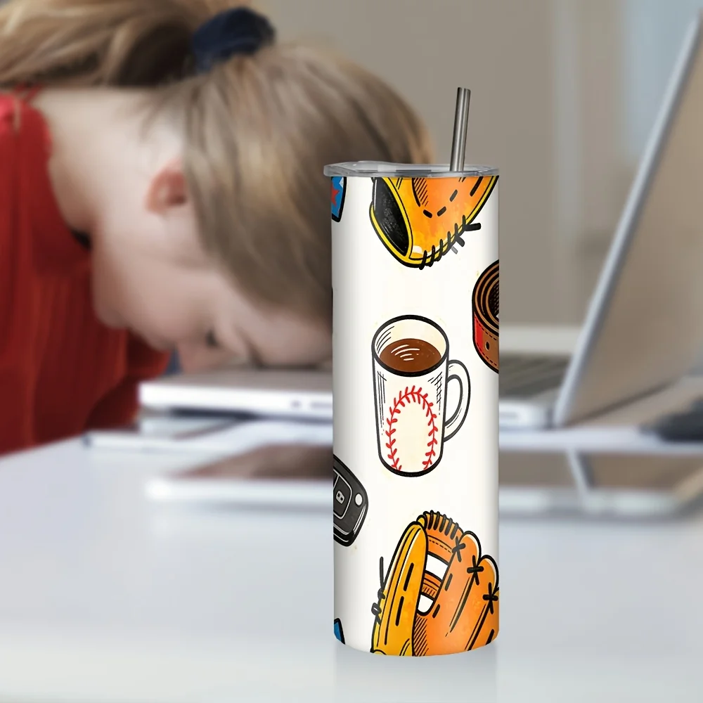 1pc/20oz/590ml/Double Wall Stainless Steel Insulated Skinny Tumbler with Straw And Lid,Outdoor Travel Coffee Mug,Baseball,Themed Mug for Gift,Giving Occasions,Very Suitable for Family And Friend Gatherings,Ideal Choice for Birthday Celebrations