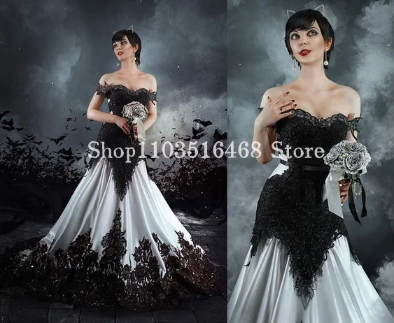 Viktoria nische Gothic Punk Brautkleid eine Schulter schwarz und weiß Korsett enge Meerjungfrau Braut ball formelle Gelegenheit فساتين س카رة