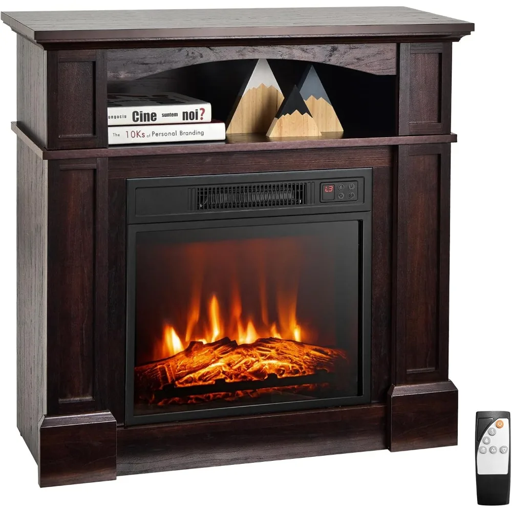 

32" Electric Fireplace with Mantel, 1400W Freestanding Heater W Remote Control & Adjustable Brightness, Multifunctional Mantel