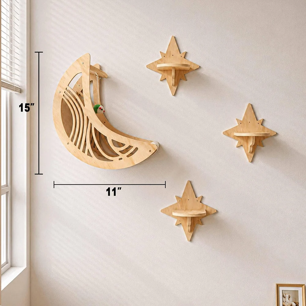 Mond & Stern Katzen-Wandregale: Moderner Holz-Katzenbaum mit Bett, Hängematte und Klettermöglichkeiten für Hauskatzen – Zubehör – Detail 8