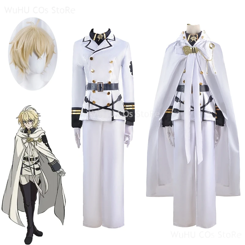 

Mikaela Hyakuya Cosplay Anime Seraph Of The End Cosplay Costume Halloween White Cloak Trench Coat Pants Gloves Wig Uniform Play