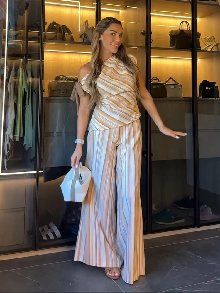 Damen Freizeitanzug mit gestreiftem Top und Hose, ärmelloses asymmetrisches Reißverschluss-Top, weite Hosen, Set für Damen, Sommer 2026, Damen-Outfit