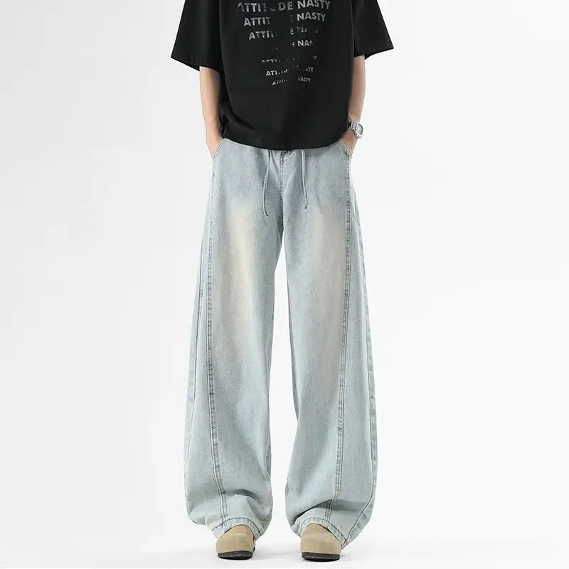 

Men's Plus Size Spring And Autumn High Street Ice Blue Jeans New Straight Leg Loose Casual American Wide Leg Lace Up Long Pants