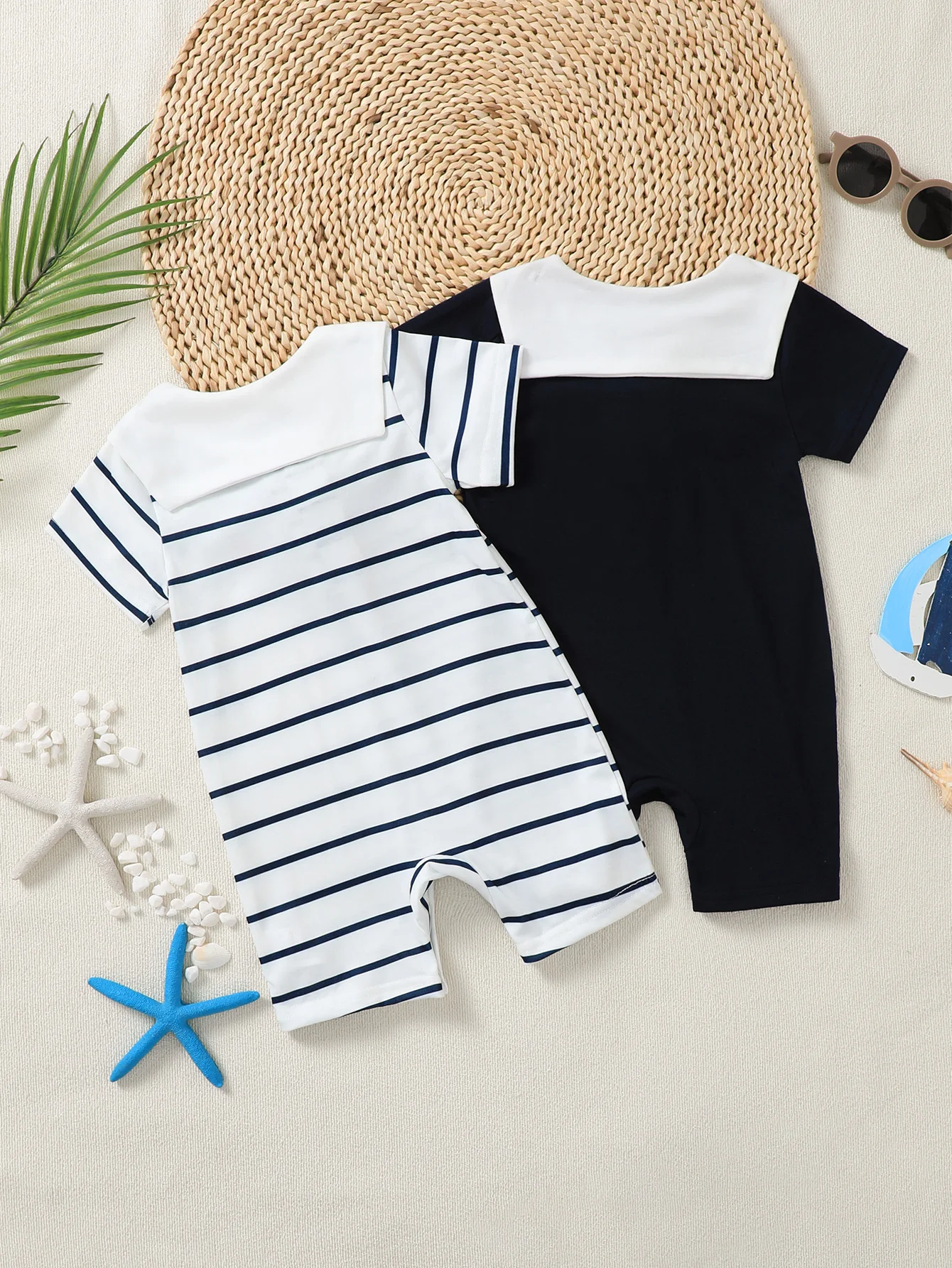 2pcs Boys' School Sailor Neck Striped And Solid Short Sleeve Short Pants Romper Suit with Embroidery Design for Summer Wear
