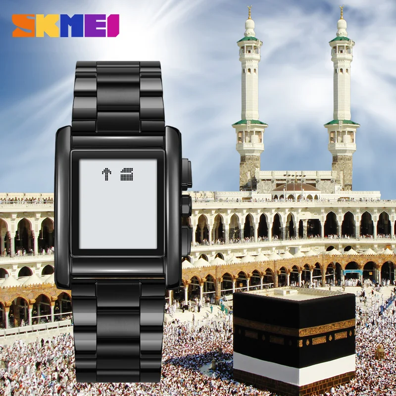 SKMEI Qibla Muslims Digital Watch Led Light Chronograph Men\'s Wristwatch Pilgrimage Time Reminder Hijri Calendar Clock for Man