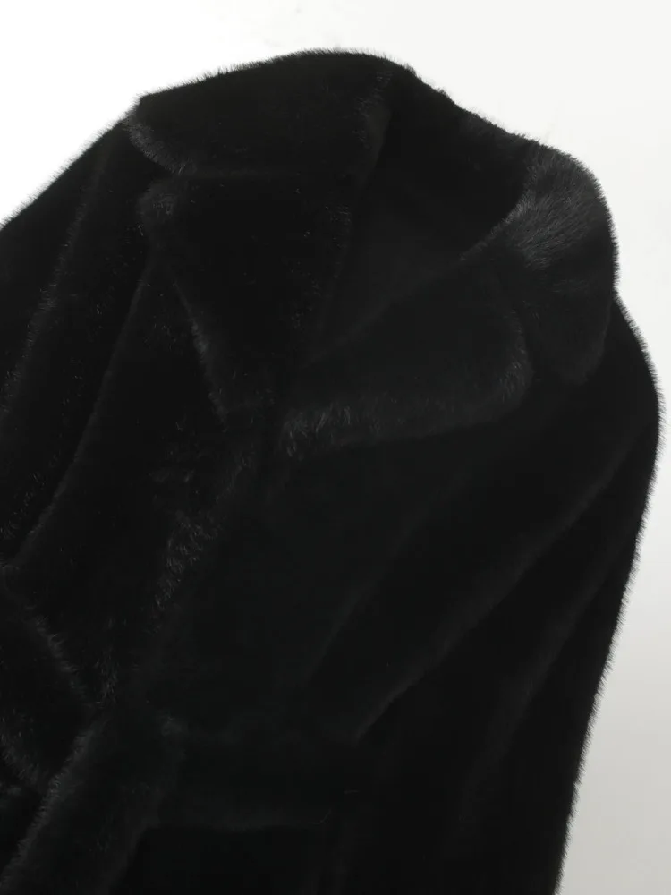 ZMEENNA dames elegante nepbontjas met lange mouwen reverskraag winter warme bovenkleding stropdas taille overjas zwart klassiek ZM3358