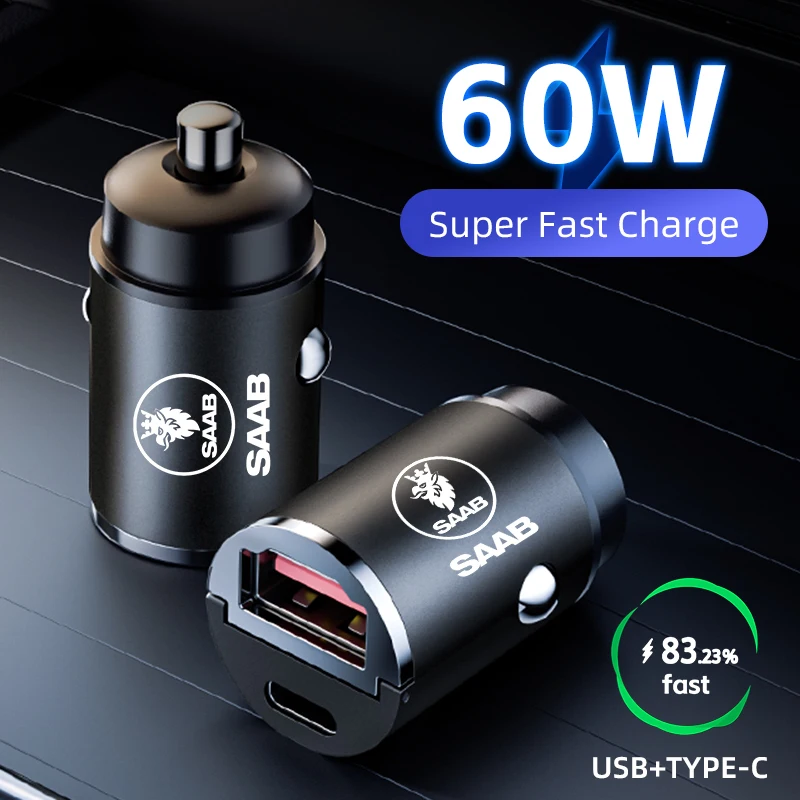 60W Car Charger USB Type-C Fast Charging Cigarette Lighter For SAAB 9-4X 9-7X 9-3 9-5 9-2X 9-X 9000 900 600 99 97 Monster GT750