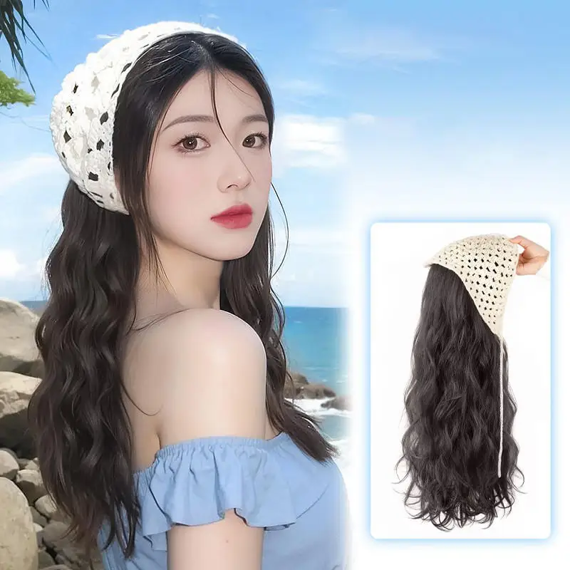 

French Style Hollow Crochet Triangle Headscarf Hair Wig Summer Pastoral Style Curly Wave Half Head Cover Hair Extensions