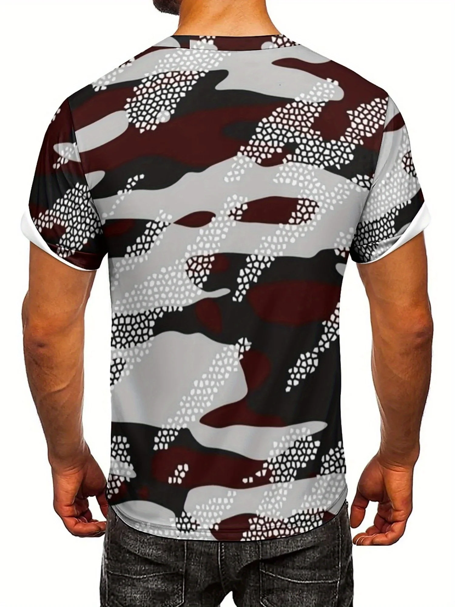 تي شيرت بأكمام قصيرة مموه هندسي مطبوع ثلاثي الأبعاد للرجال والنساء - بوليستر ناعم، مريح لجميع المواسم