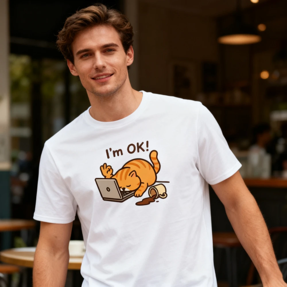 

Im OK Забавная футболка с надработанным котом, дизайн с кофе, футболки, подарочная одежда для офисных работников, мужская и женская рубашка для повседневной жизни