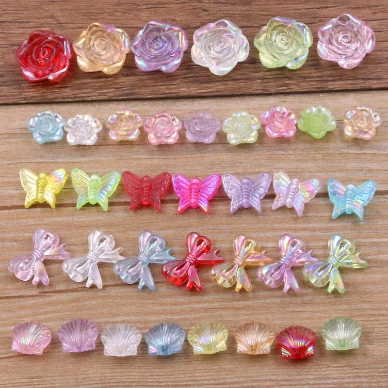 30PCS 5 Styles Mixed Plant Acrylic Beads Butterfly Bow Tie Flower Shell Cube Loose Spacer Beads For DIY Jewelry Making Handmade