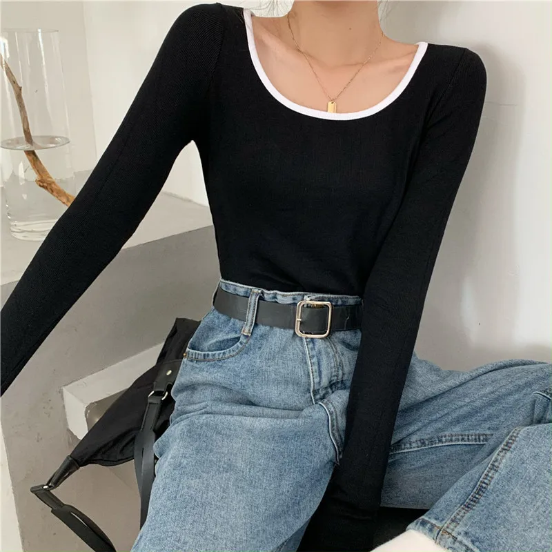 New Y2K Long Sleeve T-shirt Women Kpop Japanese Vintage Crop Tops Woman Sexy Slim Patchwork Tee Shirt Autumn Winter Black Cloths