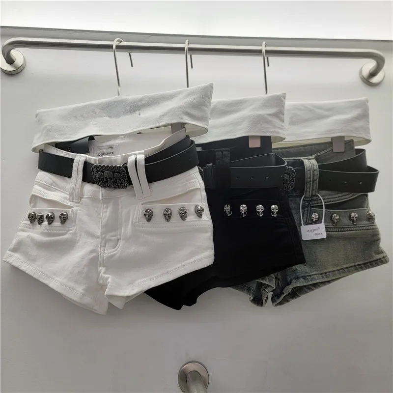 ANJY Summer New Women Moto Biker Style Y2K Skull Decoration Sashes Hot Pants Sexy Bomber Wrap Hip Ins A-line Denim Shorts A24533
