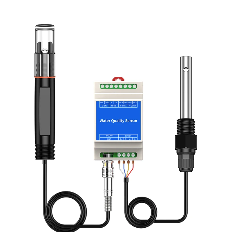 DIN Rail Mounted pH EC Modbus transmitter with sensors 2 in 1 pH conductivity RS485 analyzer 2-CH aquaculture industrial inline