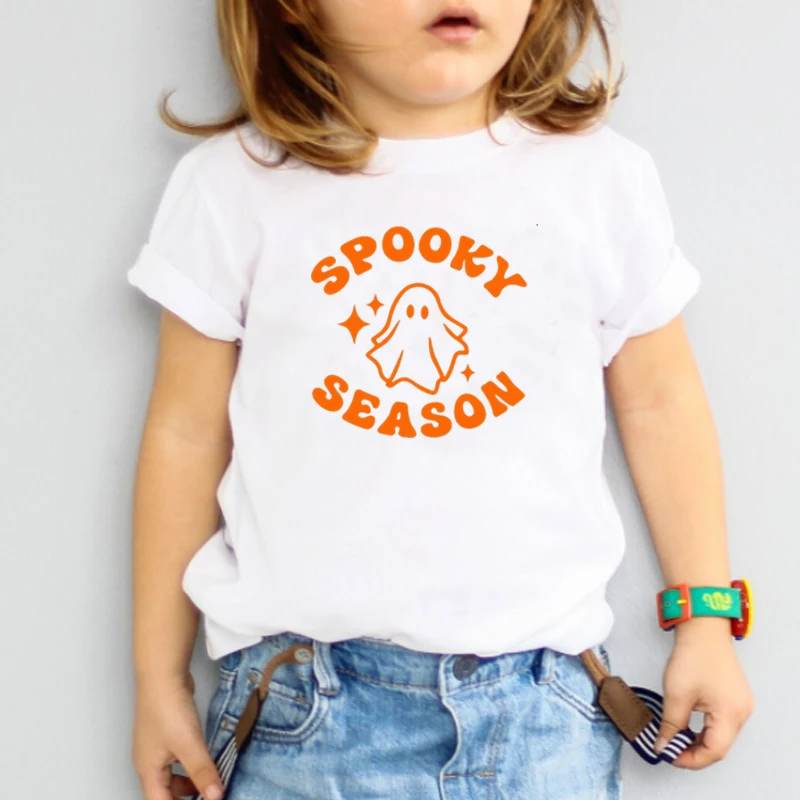 Spooky Season Halloween Cotton T Shirt for Kids Orange Colour T-shirt Witch Graphic Tee Causal Festival Tops Children Clothes