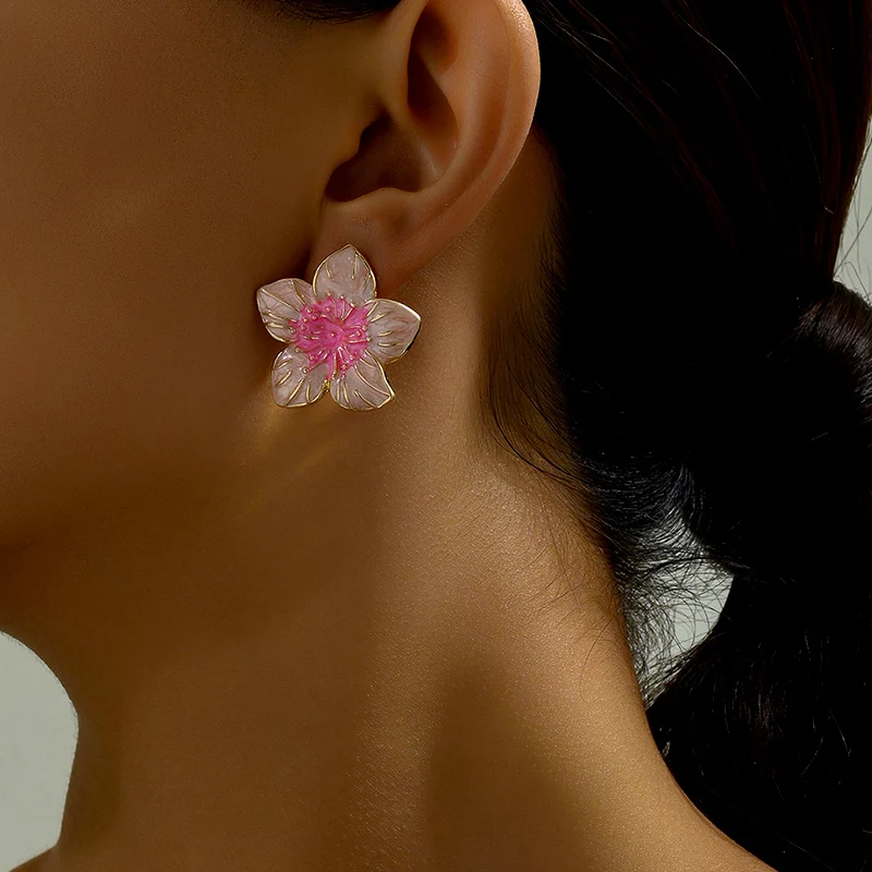 Metal Flower Enamel Petal Earrings For Women Peach Color Vintage Styles Fashion Jewelry Trendy Holiday Accessories Gifts 2023607