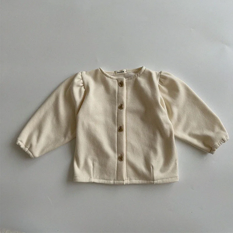 Baby Clothing Korean Style Spring and Autumn Cardigan Girls Round Neck Cotton Casual Simple Solid Color Cute Sweet Girls Coat