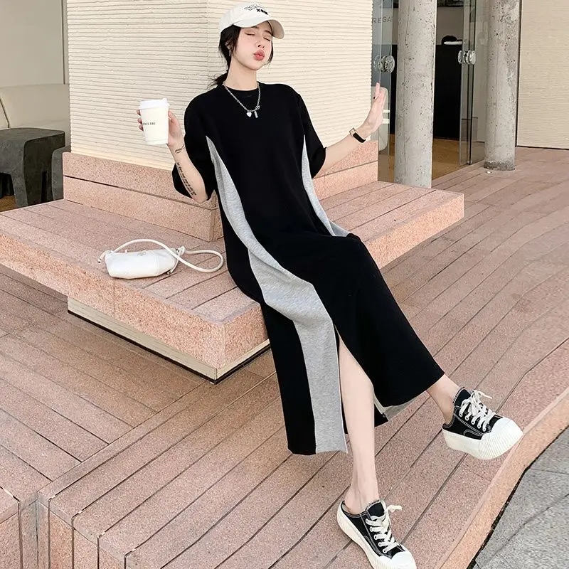 

Летнее повседневное платье-футболка больших размеров с коротким рукавом, свободного кроя, выше колена, в корейском стиле, универсальное, с юбкой А-силуэта