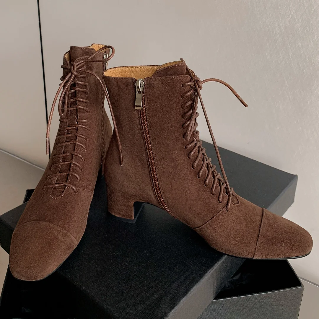 

2024 Autumn new women's natural suede leather lace-up side zip autumn ankle boots 4.5cm thick med heel round toe elegant shoes