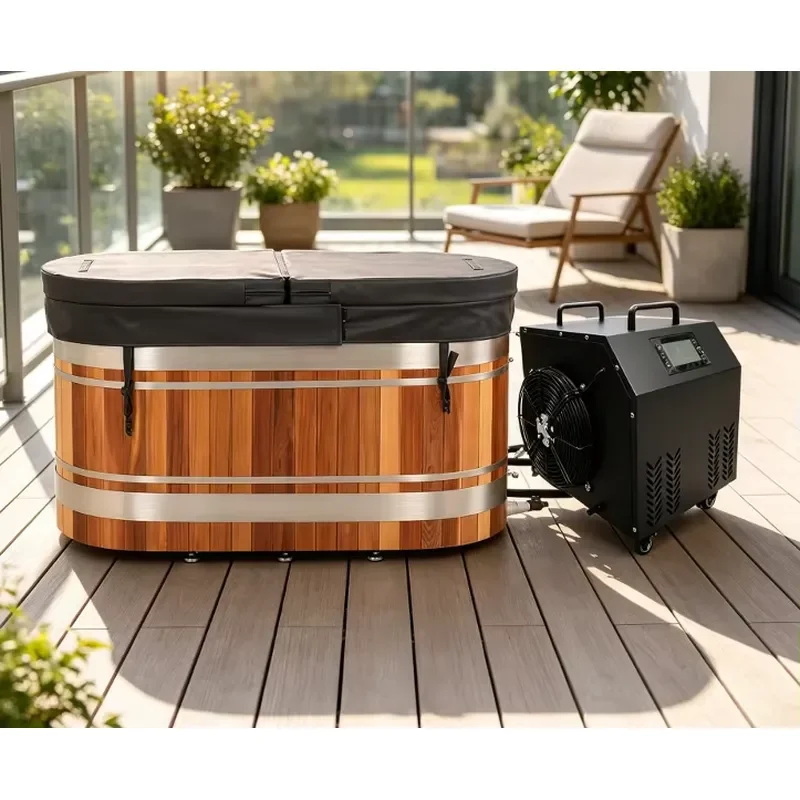 Modern 1Person Outdoor Red Cedar Cold Plunge Pool,Outdoor Cold Recovery Ice Bath with 1HP Water Chiller for Villa Backyard