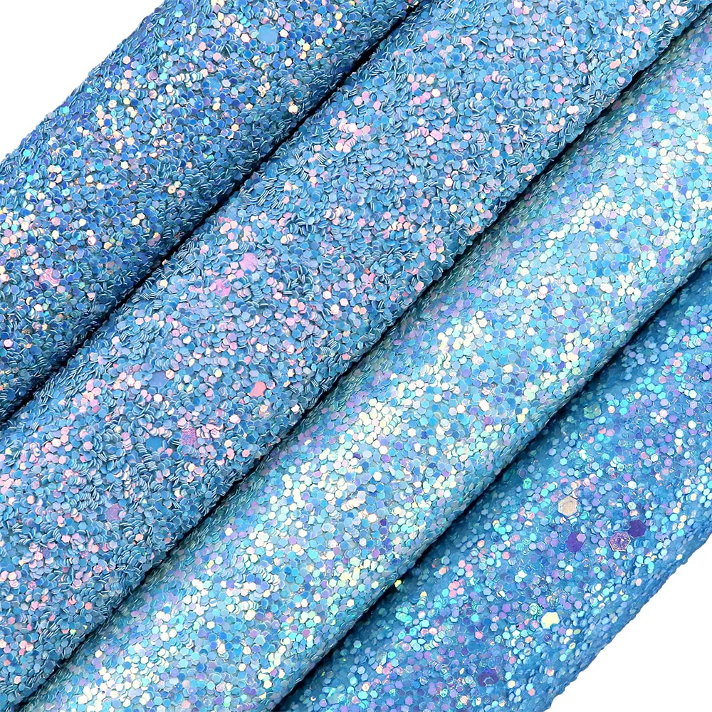 30x134cm Roll  Plain Dyed Light Blue Chunky Glitter Fabric Leather For Bows Earring Decoration DT021