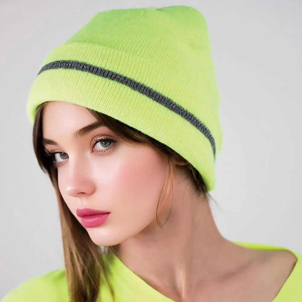 Knitted Hat Reflective Strip Hat Knitting Hat with Reflective Strip Warm Unisex Outdoor Headwear Windproof Resistance Elastic